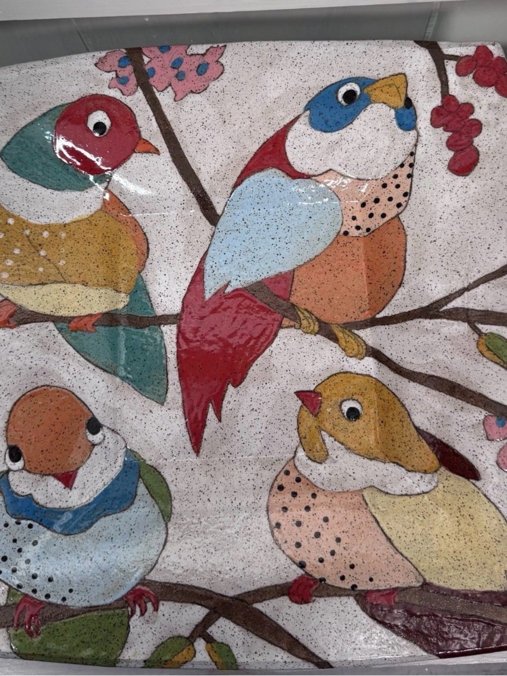 Three Wheel Studio Art Pottery Bird Platter 13”x13” Footed Signed Original New